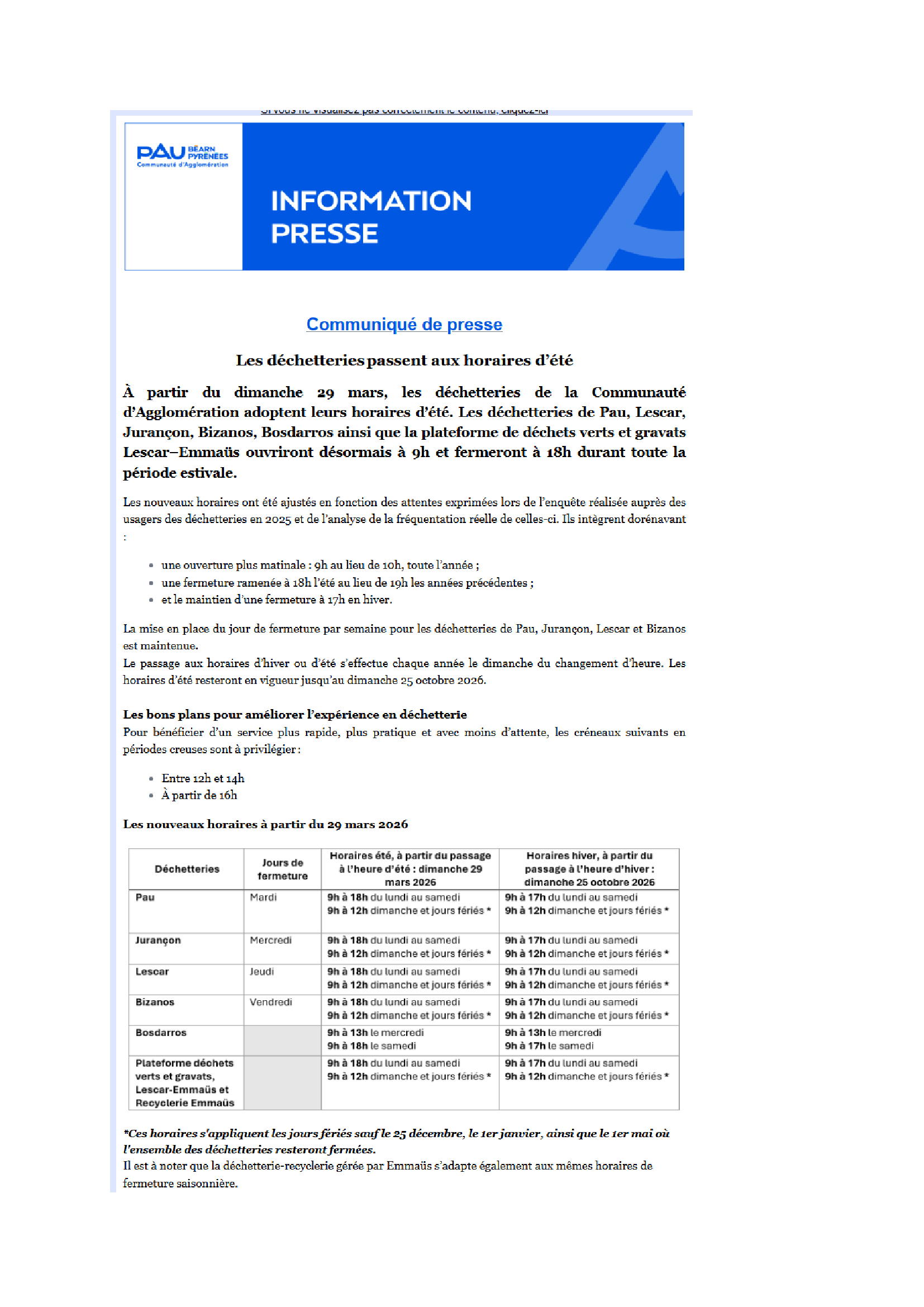 communiqué déchèterie